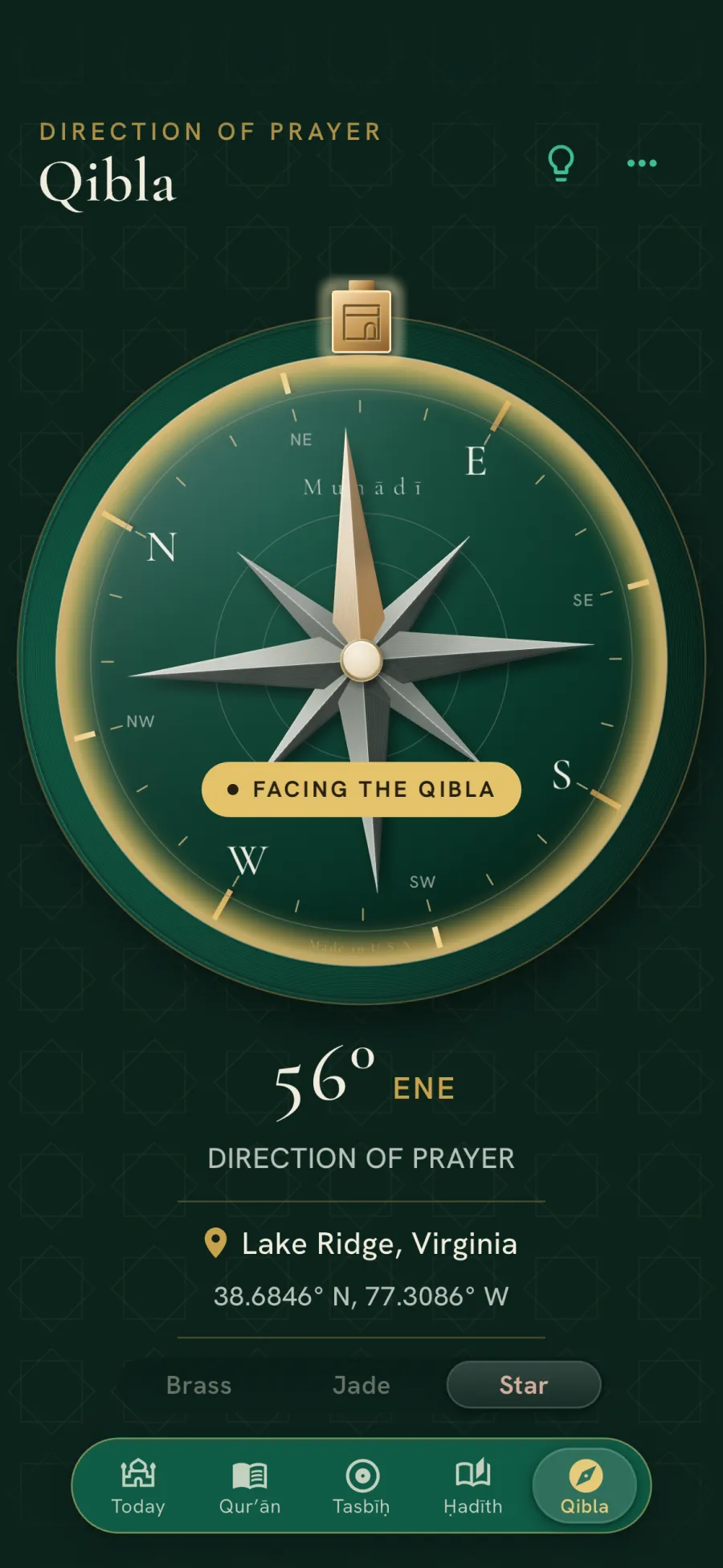 Qibla compass locked on the qibla