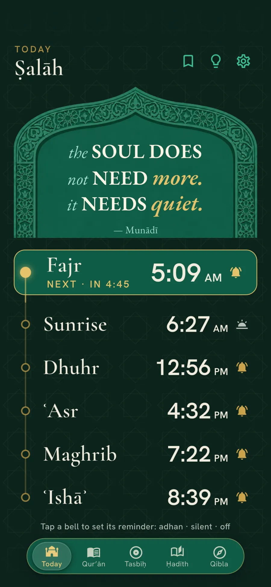 Ṣalāh screen — current time, location and prayer times Fajr through ʿIshāʾ