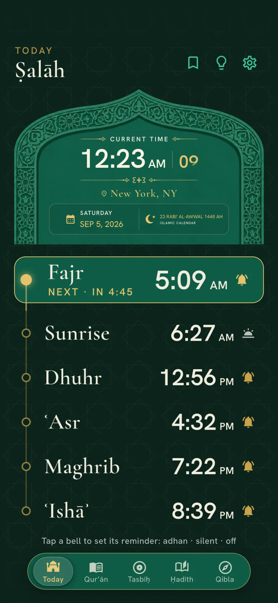 Ṣalāh screen with the daily quote board